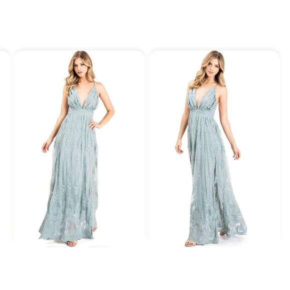 Wishlist Dresses & Skirts - Wishlist‎ Apparel Lace Embroidered Deep V Maxi Ice Blue S